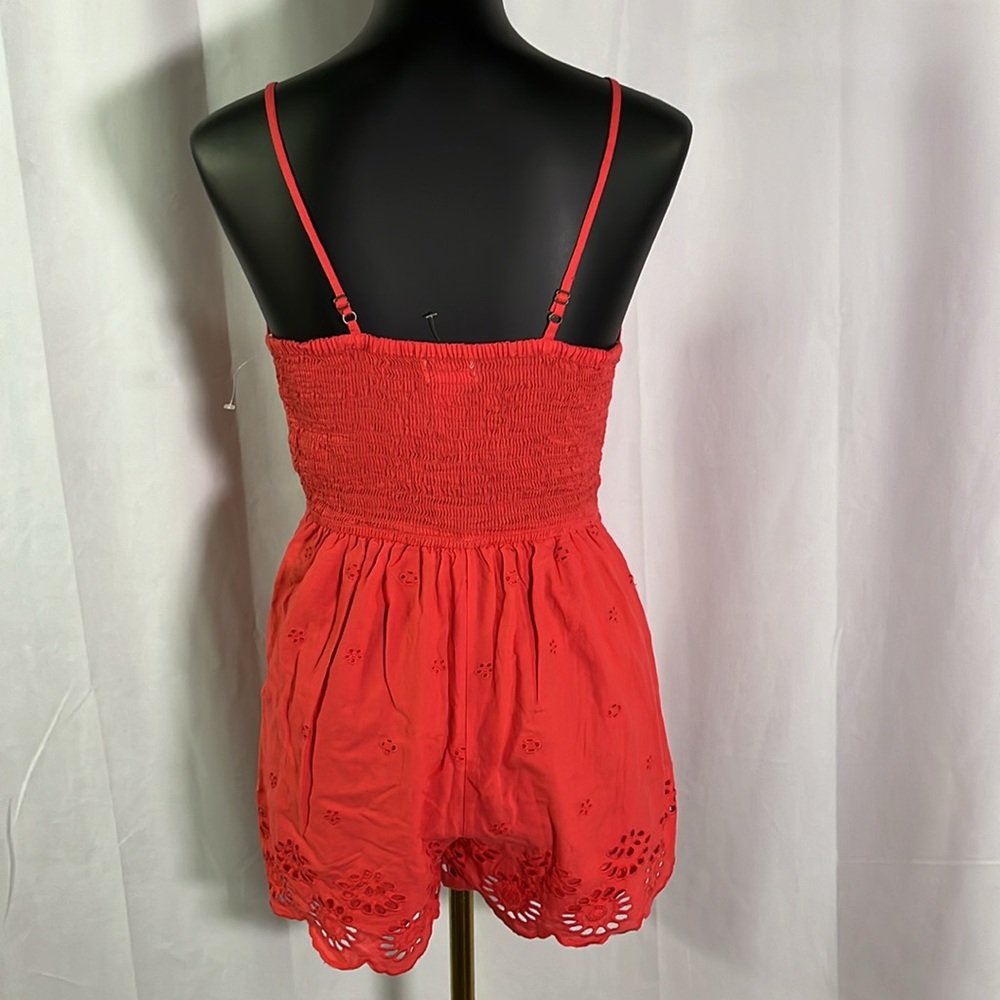 NWOT Japan Coral Pink Embroidered Floral Eyelet Sleeveless Cotton Romper - Picture 3 of 16